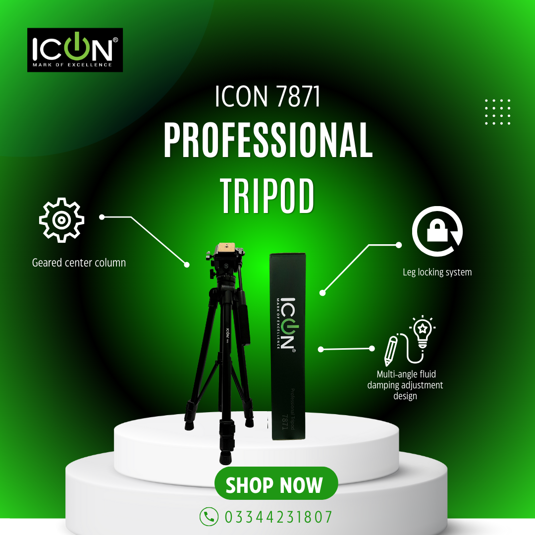 ICON 7871 Tripod Kit , 65 inch Aluminum Video Camera Tripod with Fluid Pan Drag Head, Center Column, Mid-Level Spreader, for Travel and Work